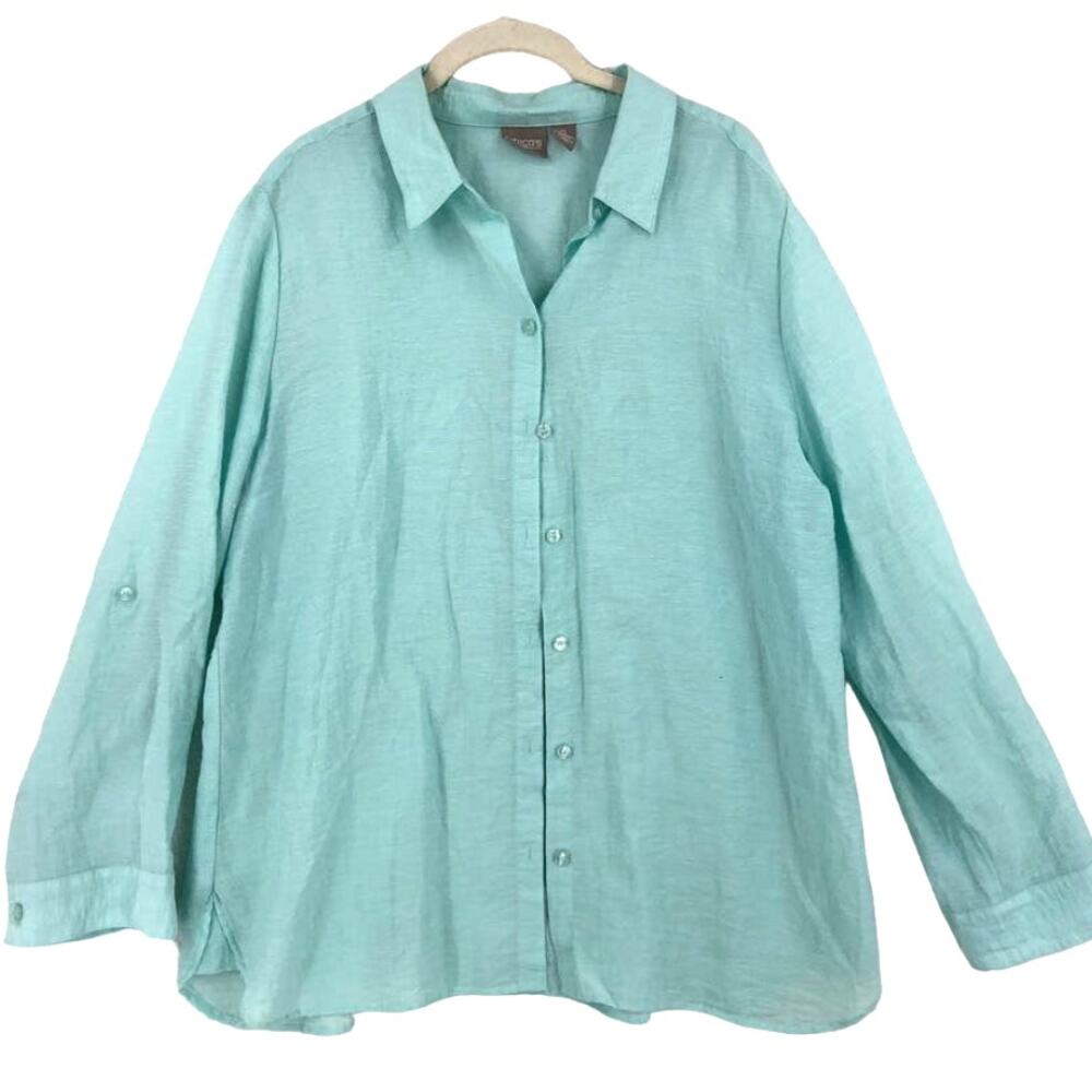 Chico's Button Down Shirt Top Women's 2 Medium Light Blue Solid Roll Tab Sleeve